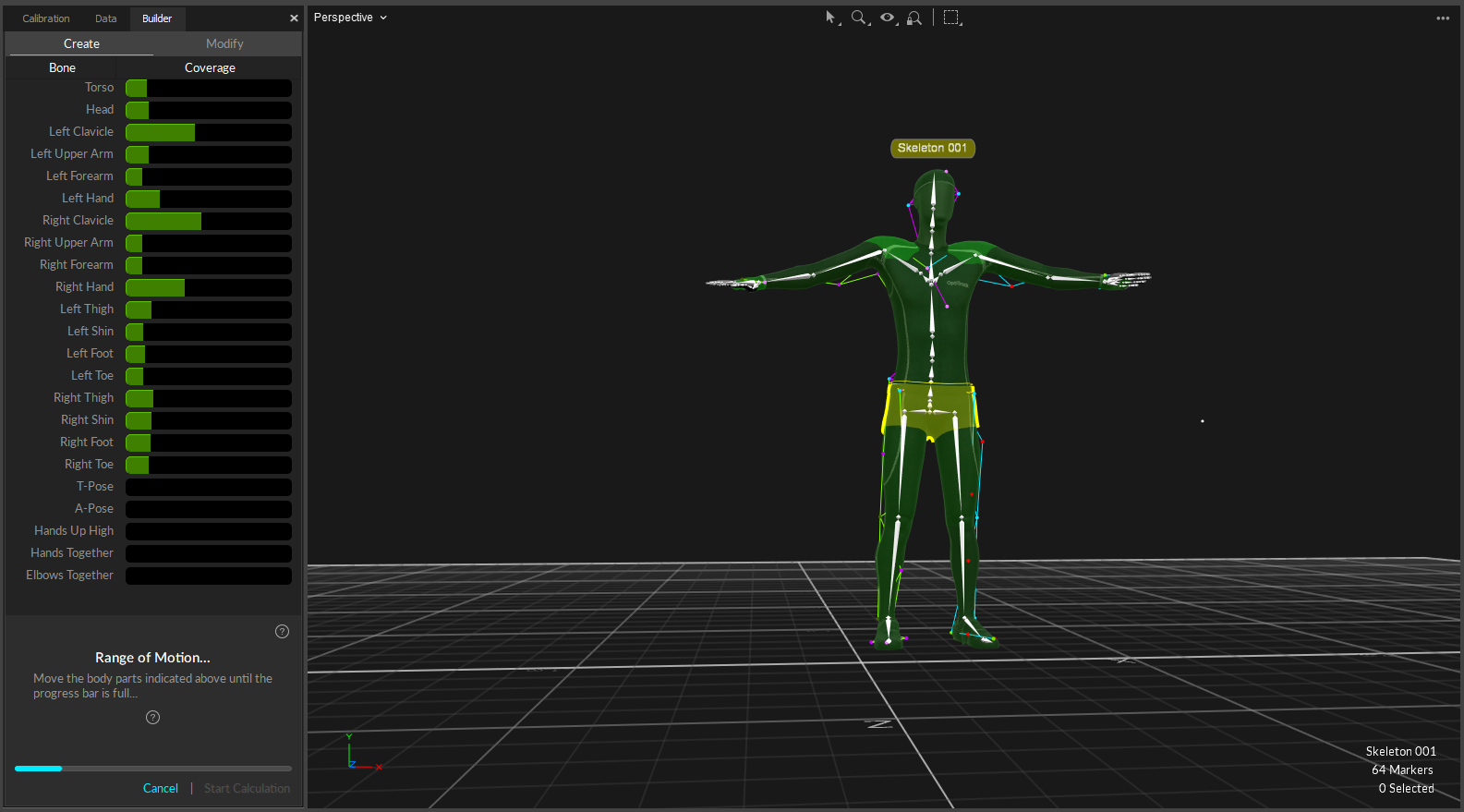 A screenshot of the Motive Builder pane and 3D Viewport, showing a skeleton at the beginning of Range of Motion data collection. 