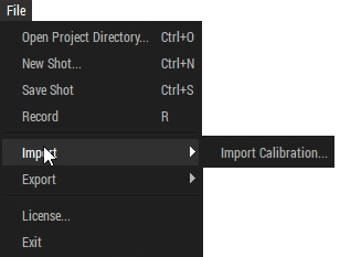A screenshot of the Captury Live File Menu, with the mouse hovering over the Import command, and "Import Calibration..." displayed on the callout menu.
