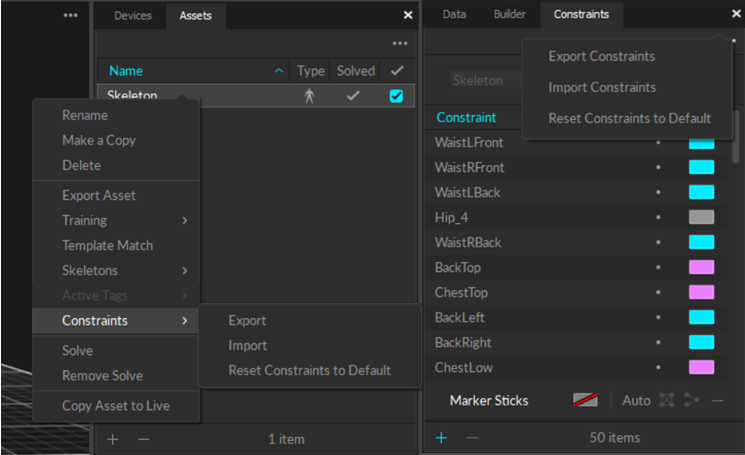 Options to export skeleton constraints from the Assets pane (left) or the Constraints pane (right)