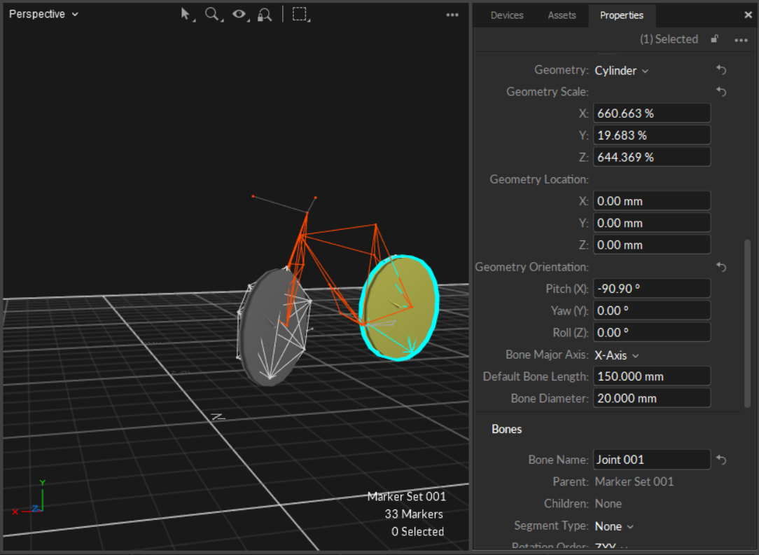 Geometry Properties for a standard Cylinder object attached to a bone in a Trained Markersets.