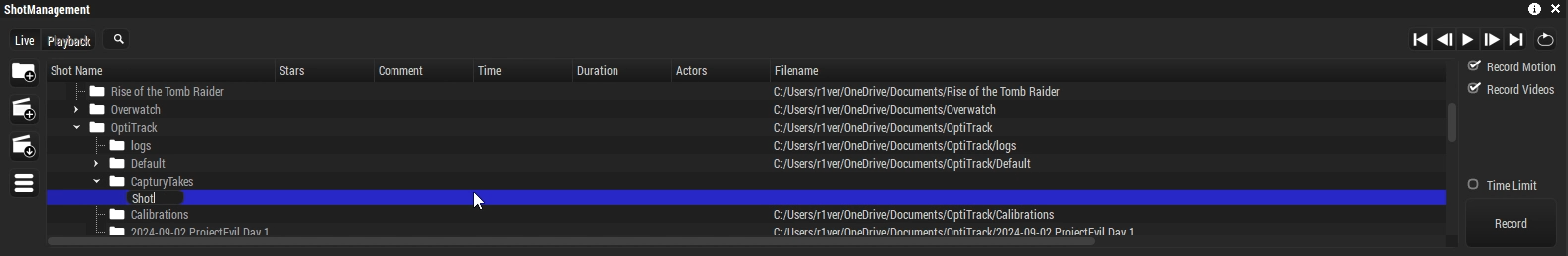 A screenshot of the Captury Live Shot Management pane, with a newly created shot folder highlighted. 