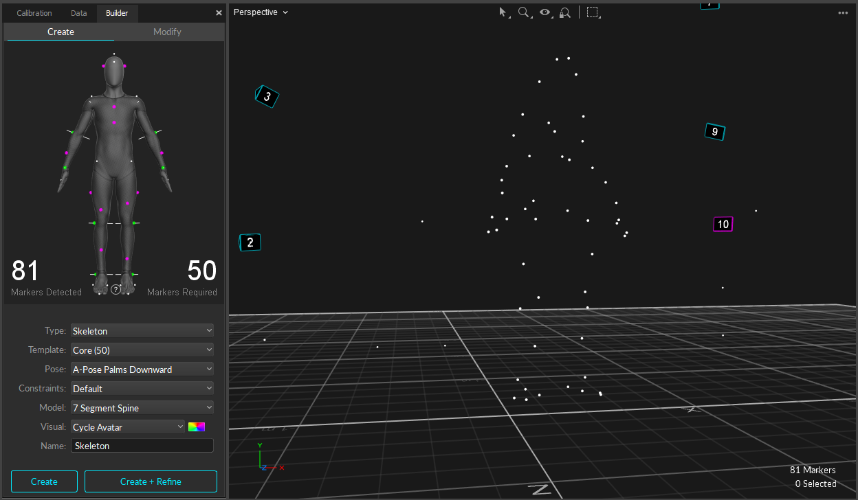 A screenshot of the Motive Builder Pane, set to Create a Skeleton, with the 3-D Viewport showing the skeleton markers. 