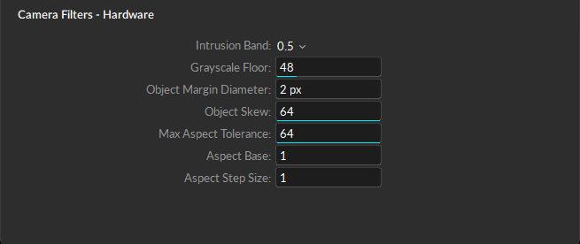A screenshot of the standard and advanced settings available in the Camera Filters - Hardware section of the Cameras settings. 