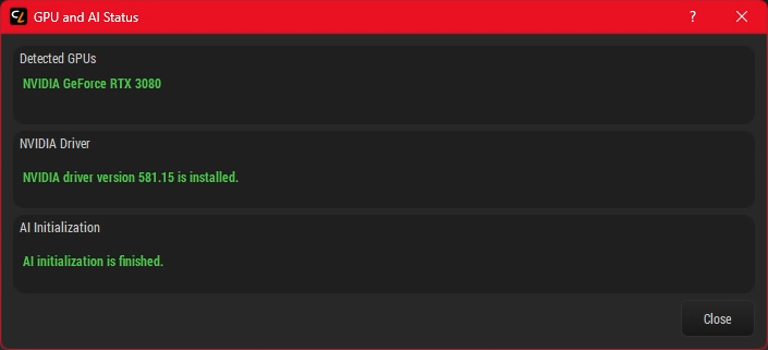 A screenshot of the GPU and AI status window from Captury Live. The screen shows a detected NVIDIA GPU and the driver version installed, as well as the status of the AI initialization. 