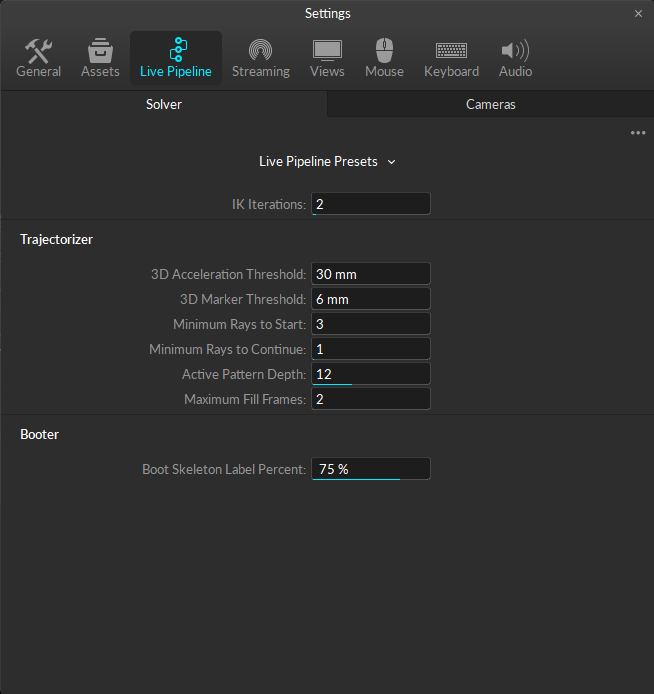Reconstruction settings are located under the Live Pipeline tab in the Application Settings.