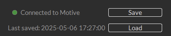 A screenshot of the bottom of the OpenXR Configuration panel, showing the device connected to Motive and the last saved date for the Configuration file. 