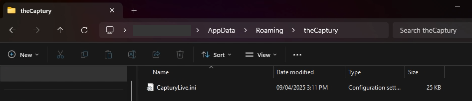 A screenshot of a Windows File Manager window, showing the CapturyLive.ini file inside the folder:  (blanked out) user profile > App?Data > Roaming > theCaptury