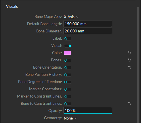 The Visuals section of the Rigid Body Properties pane, with standard and advanced properties displayed. 