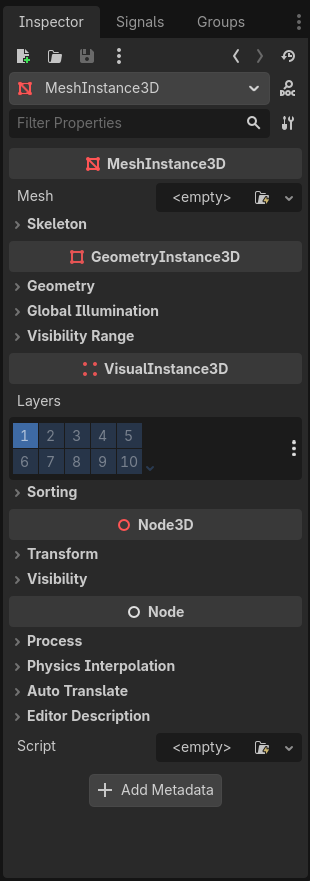A screenshot of the Godot Inspector tab, showing the properties for the MeshInstance3D child node. No mesh has been applied yet. 