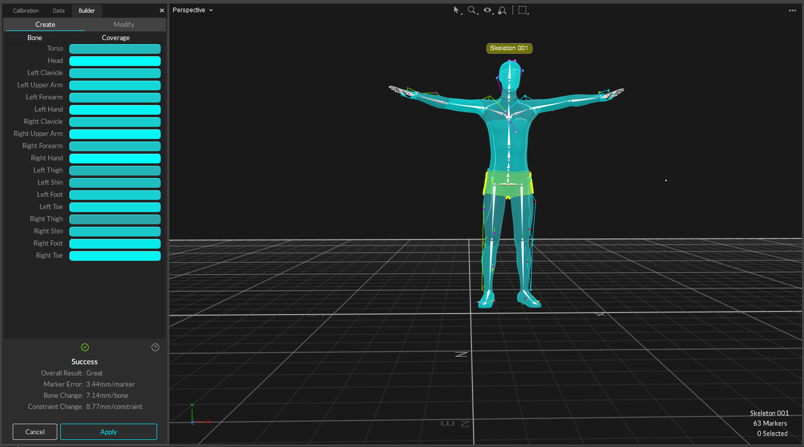 A screenshot of the Range of Motion calibration results for a newly created skeleton, showing an excellent calibration. 