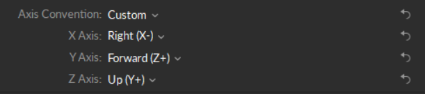 Options to setup a custom axis in Motive data exports. 