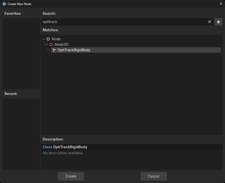 A screenshot of the "Add Child Node" screen, with OptiTrack in the search criteria and OptiTrackRigidBody as the sole search results. 