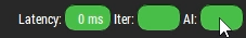 A screenshot of a set of buttons from the Captury Live software. The buttons are, from left to right: Latency (with value displayed); Iter; and AI. The mouse hovers over the AI button.
