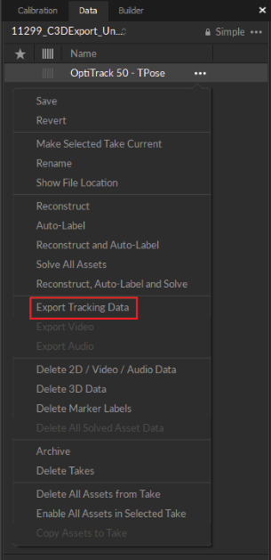 The Context menu when right-clicking a take in the Motive Data pane. Export Tracking Data is highlighted. 