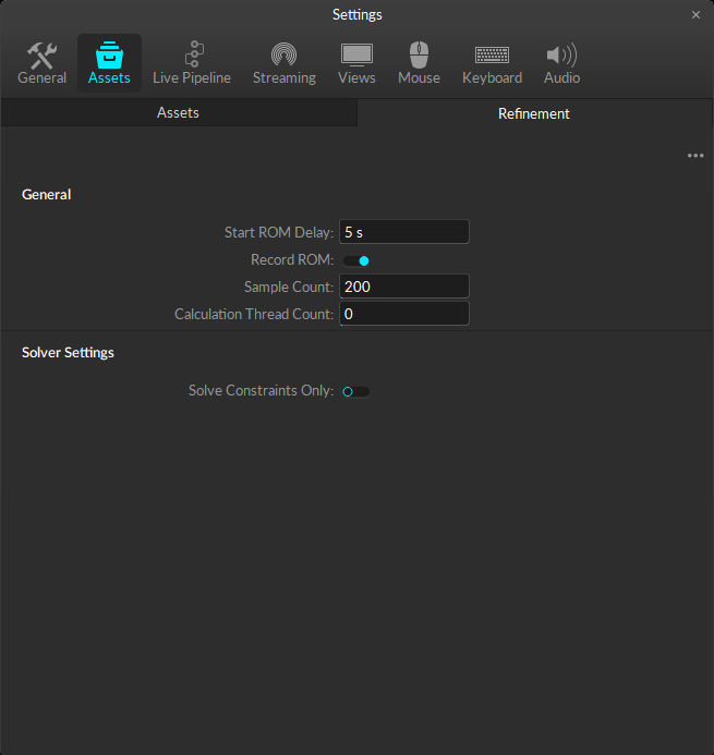 A screenshot of the Standard settings available on the Refinement tab of the Motive Applications settings, Assets panel. 