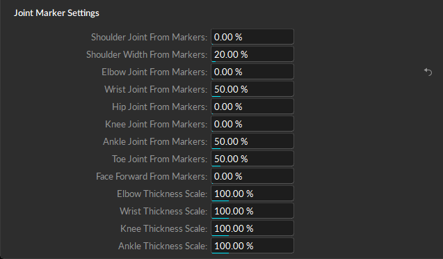 A screenshot of the Joint Marker Settings, advanced settings from the Motive Applications Settings panel, Asset tab, Refinement tab. 