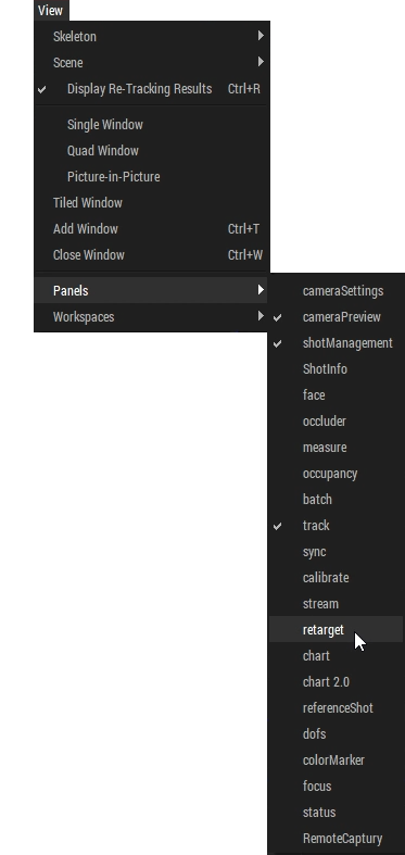 A screenshot of the Captury View menu, with Panels selected, and the Panels callout menu displayed. 