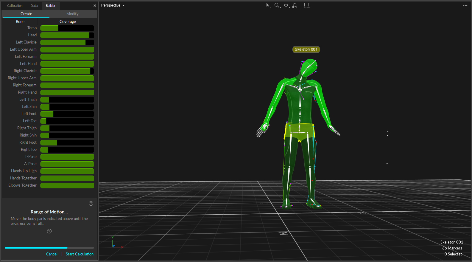 A screenshot of the Motive Builder pane and 3D Viewport, showing a skeleton in the middle of Range of Motion data collection. 