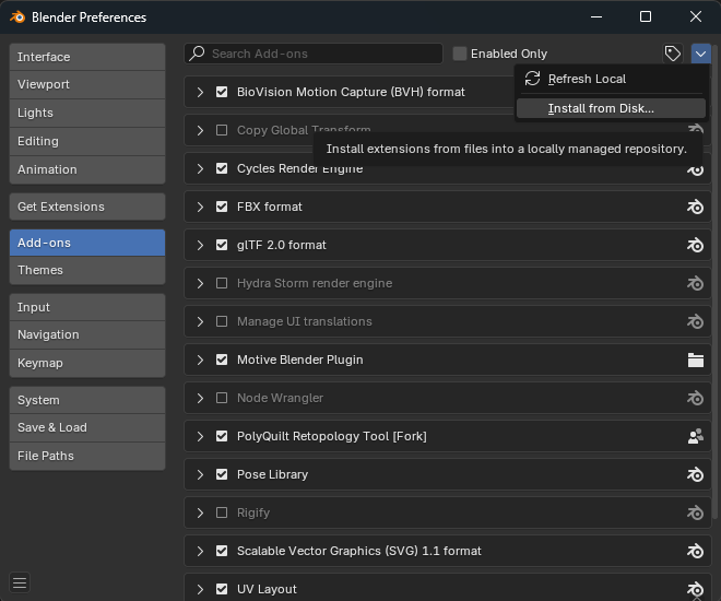 Blender's Preferences panel, with Plugins highlighted. 