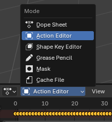 Blender's Mode menu with the Action Editor selected. 