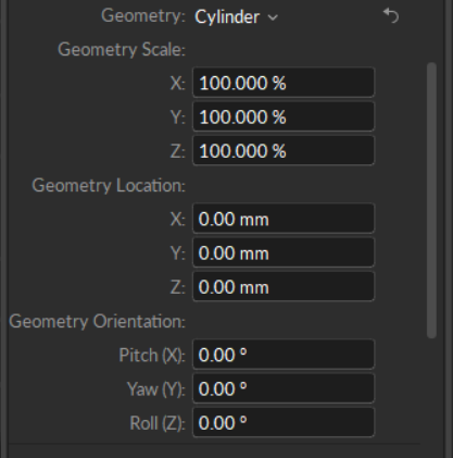 Geometry settings for attached geometry files in Motive: Scale, Location, and Orientation 