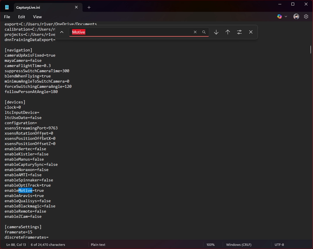 A screenshot of a Notepad window showing the Navigation and Devices sections of the CapturyLive.ini file. The word "Motive" is highlighted as a search result. 