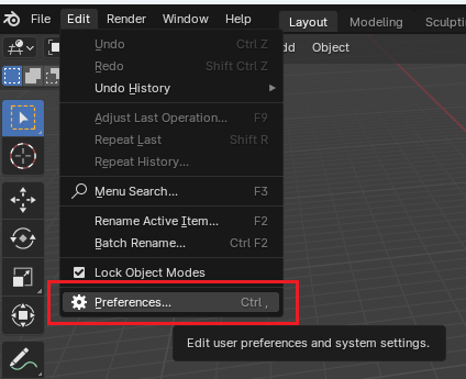 The Blender Edit menu, with Preferences selected and highlighted. 
