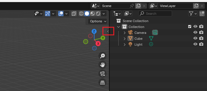 The Blender 3D viewport with the sidebar collapsed. The < icon to expand the sidebar is highlighted. 