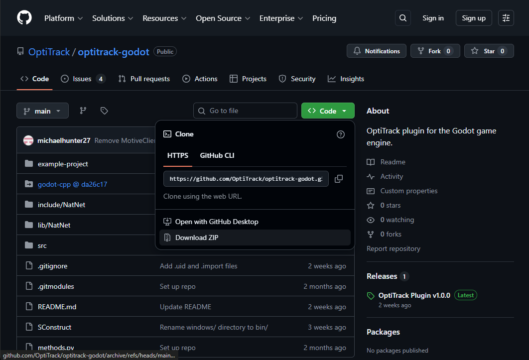 A screenshot of the OptiTrack\optitrack-godot repository in GitHub, with the code button activated to show the menu options. Download ZIP is at the bottom of the list. 