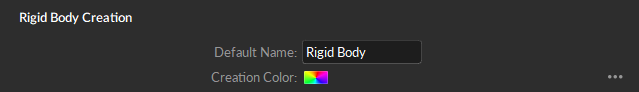 A screenshot of the Rigid Body Creation settings from the Motive Settings panel, Assets tab. 