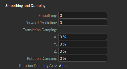 A screenshot of the Motive properties pane, Smoothing and Damping properties for a Skeleton asset. 