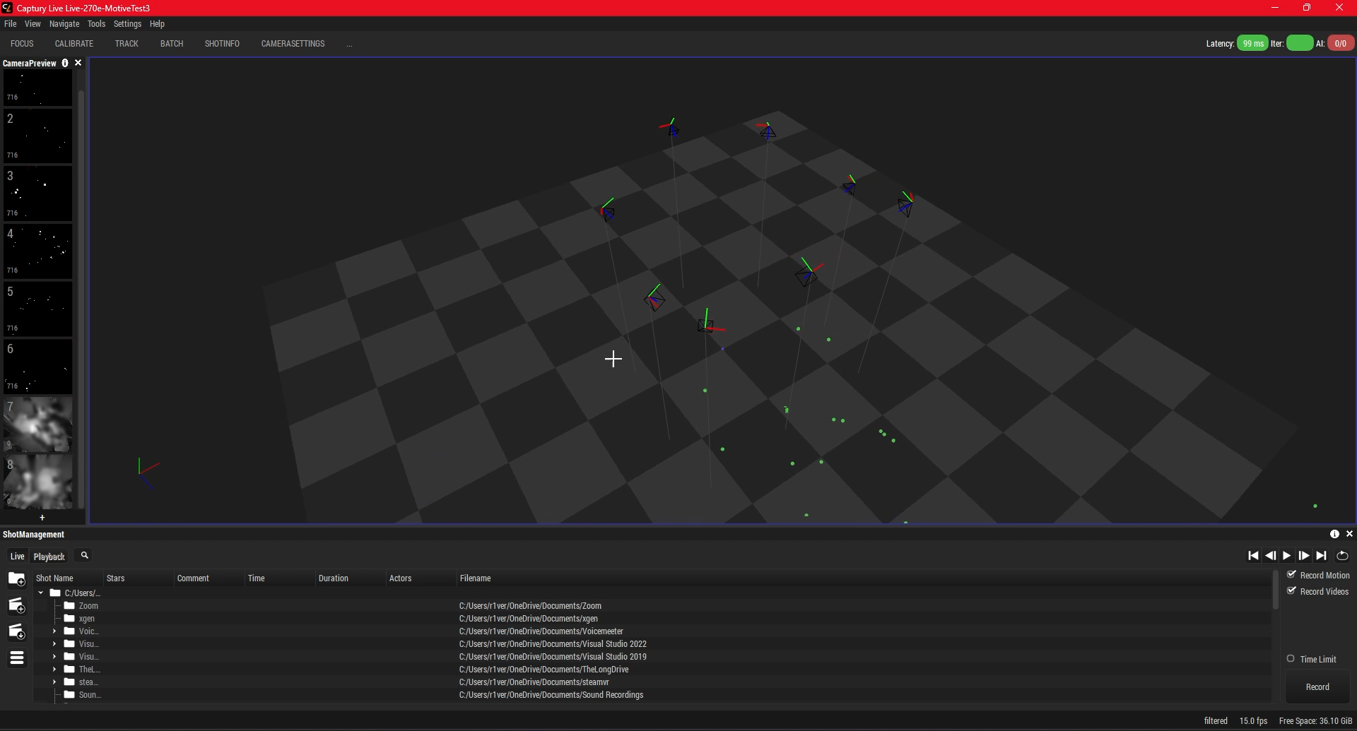 A screenshot of the Captury Live application with OptiTrack cameras displayed on the left and a fully calibrated volume in the main viewport. 
