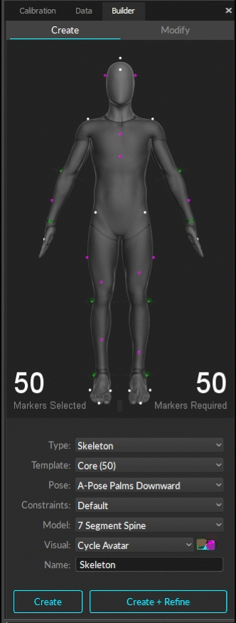A gif of the Motive  Builder Pane set to Skeleton creation, with the markers displayed on the avatar and the skeleton settings below. 