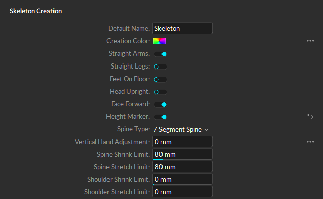 A screenshot of the Skeleton Creation settings from the Motive Settings panel, Assets pane. 
