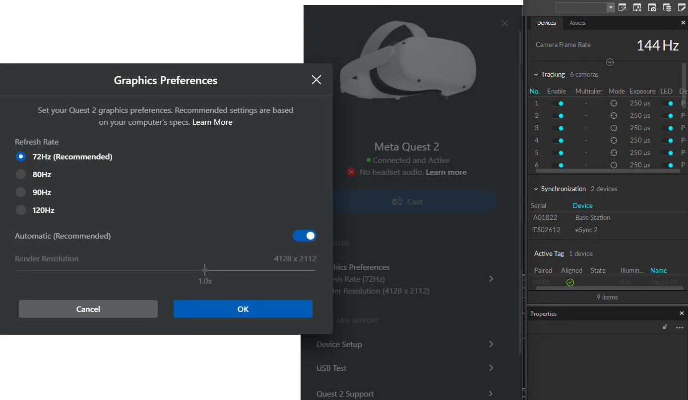 Screenshots showing, from left to right, the Meta Quest 2 framerate options, with 72Hz as the recommended rate, 2. The Meta Quest application, 3. the Devices pane in Motive, showing the camera frame rate of 144 Hz.
