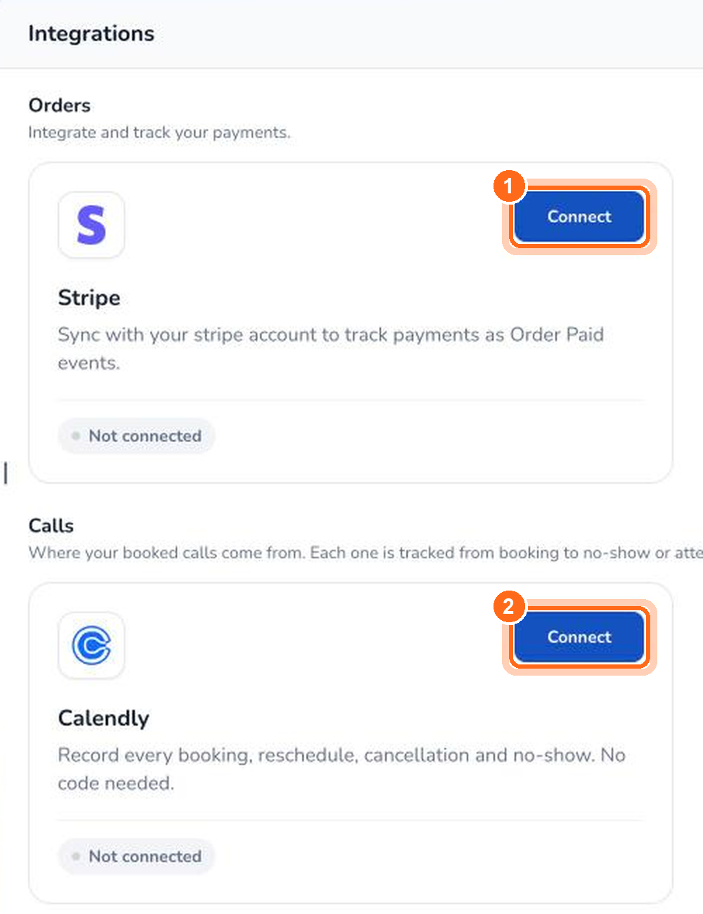 Gambar 1. Integrasi yang belum terhubung ditandai Not connected. Klik Connect di kartu Stripe (1) atau Calendly (2).