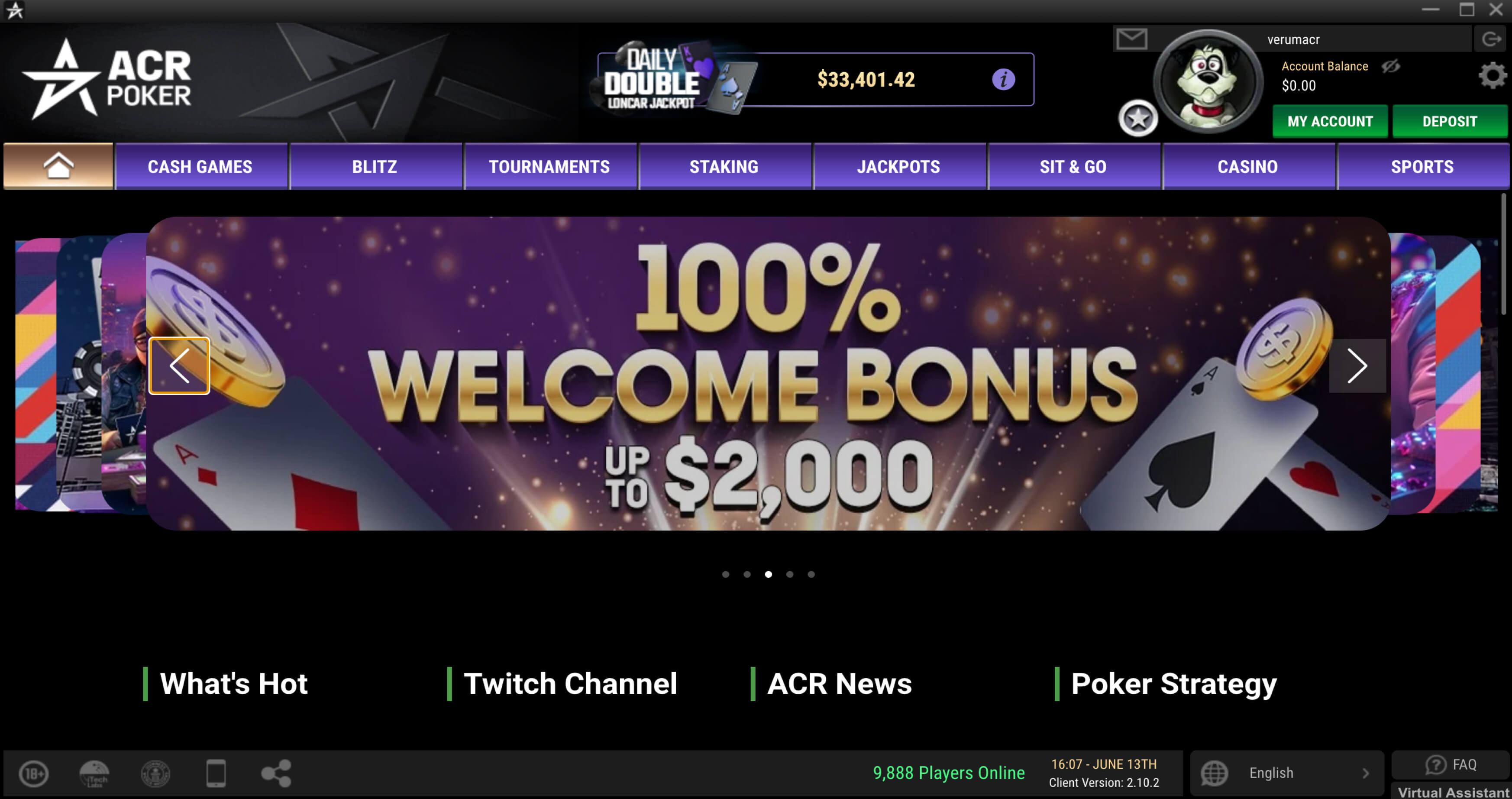 Page d'accueil de l'application ACR Poker (Americas Cardroom) avec des bannières de promotions et d'offres spéciales
