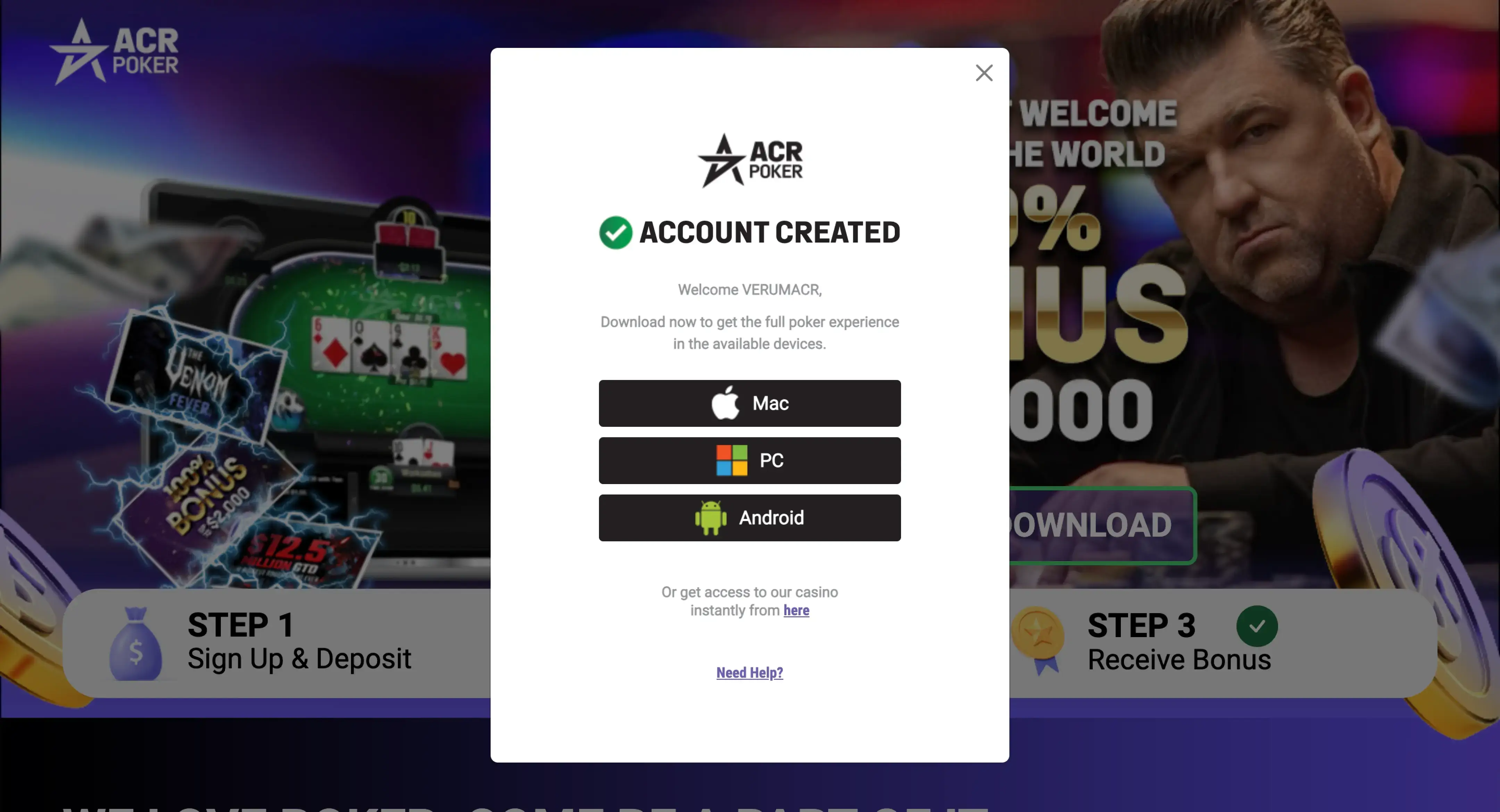 Écran de téléchargement du client ACR Poker (Americas Cardroom) avec bouton Télécharger pour Windows, macOS et Android