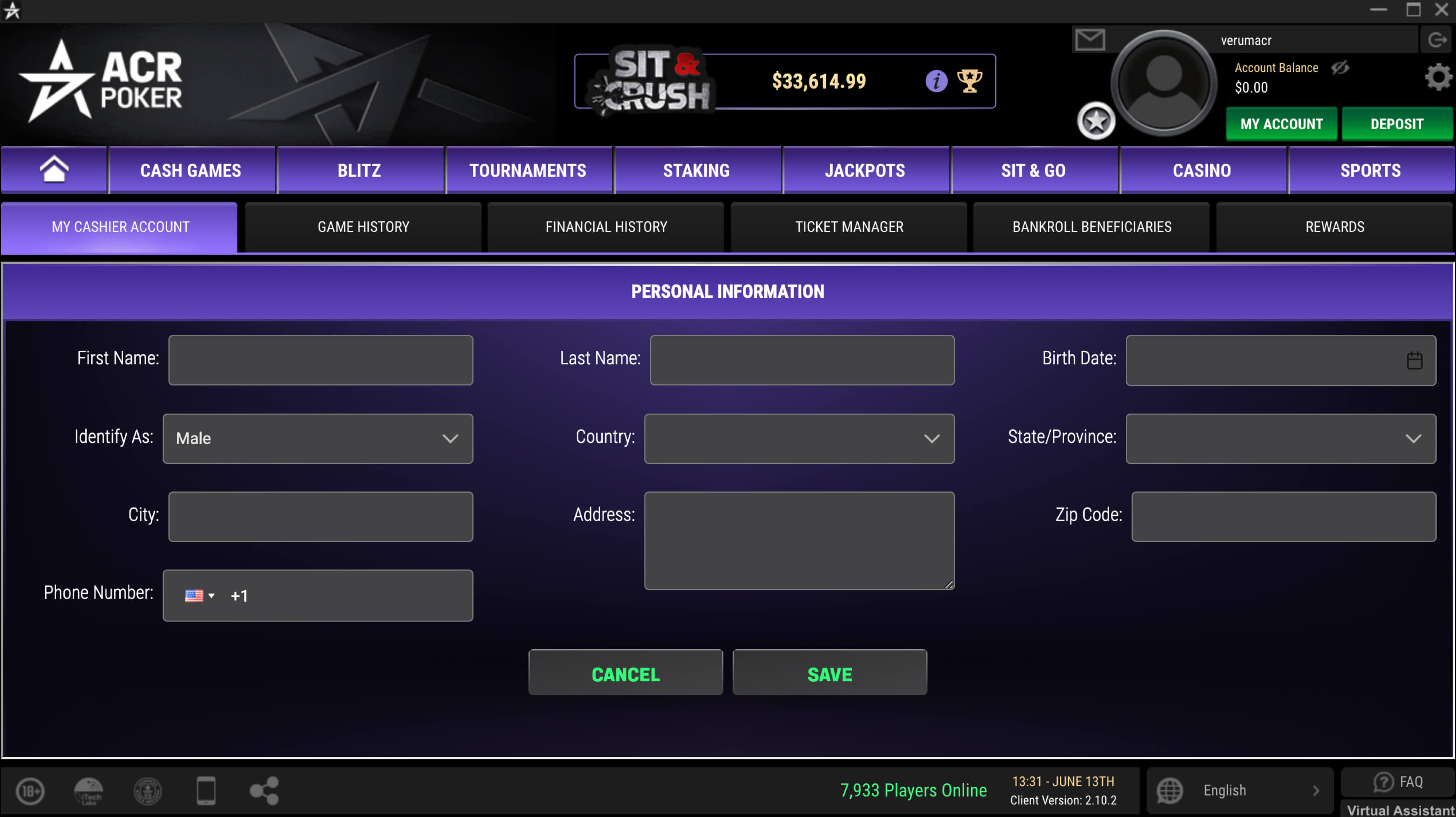 Informations personnelles sur ACR Poker