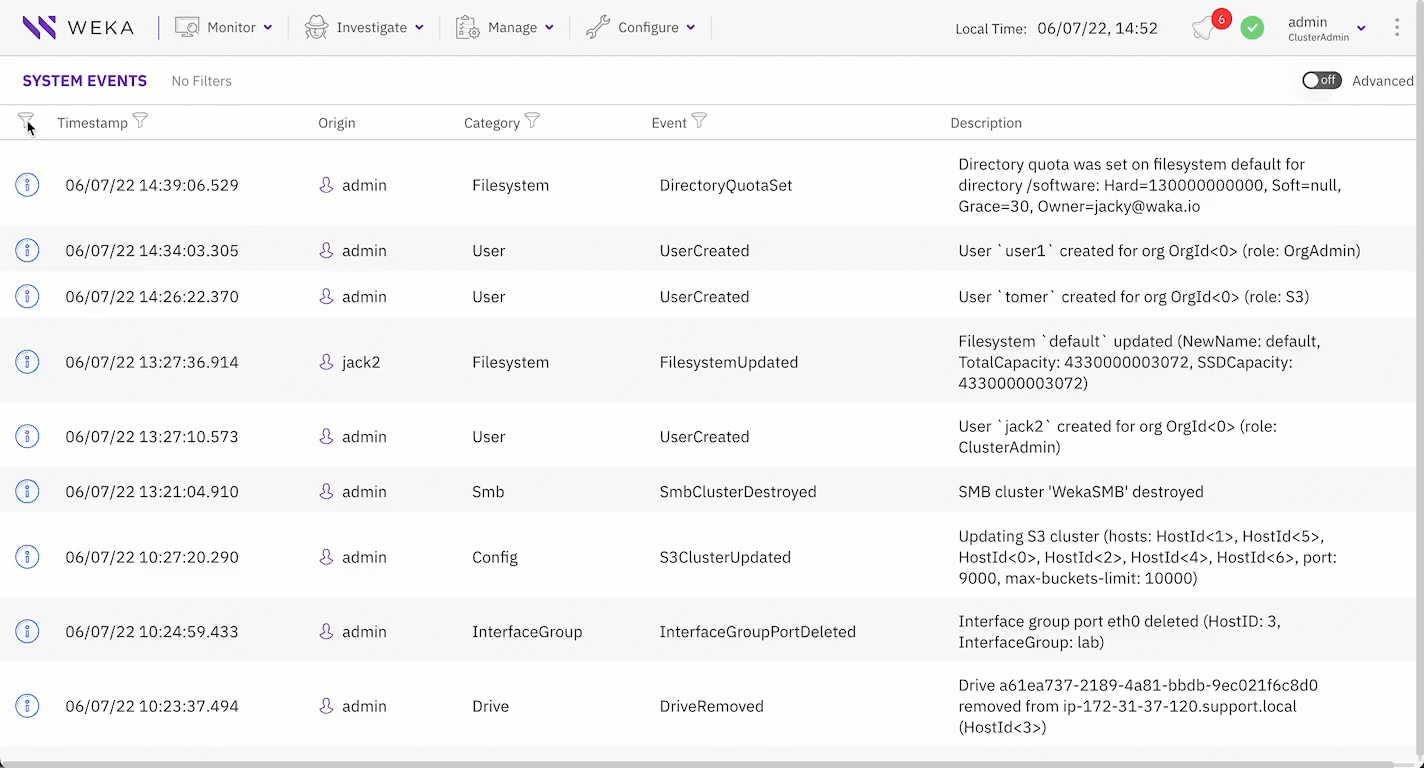 Example: view all warning events (and higher severity events) related to resources
