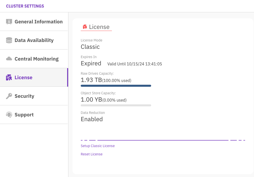 WEKA cluster license status