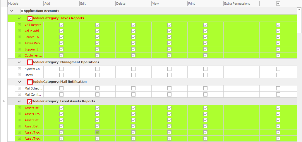 Activate all permissions of a module category