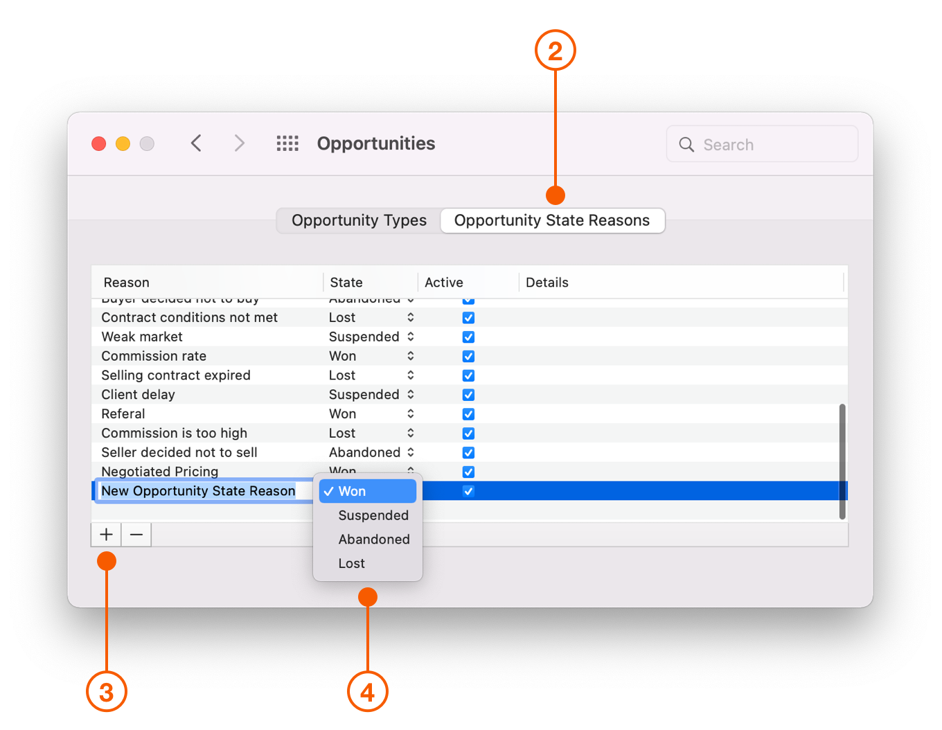 Opportunities Preferences window showing Opportunity State Reasons