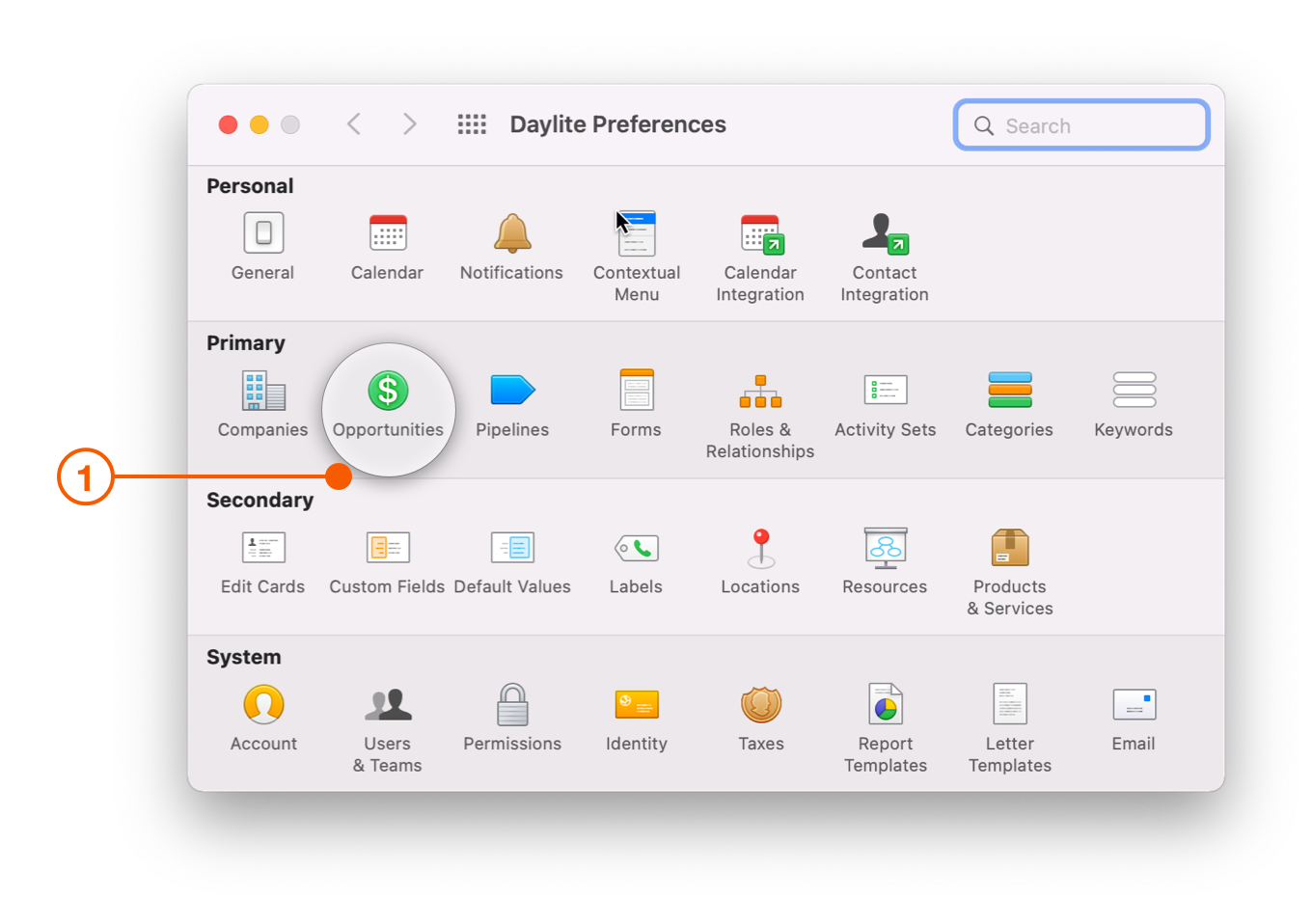Daylite Preferences selecting Opportunities