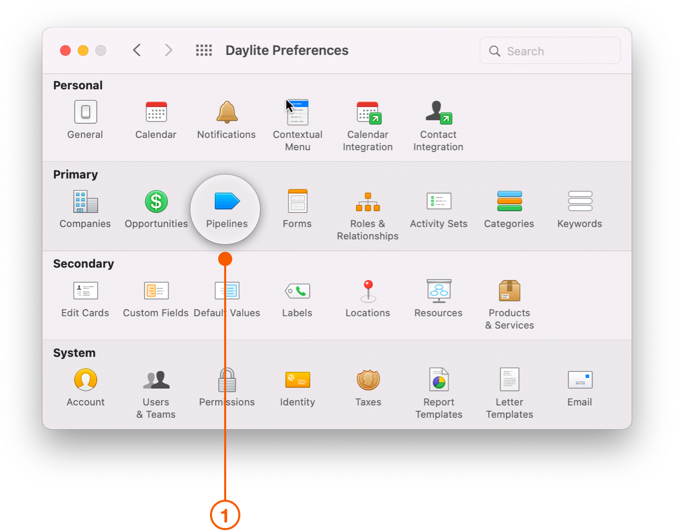Daylite Preferences window selecting Pipelines