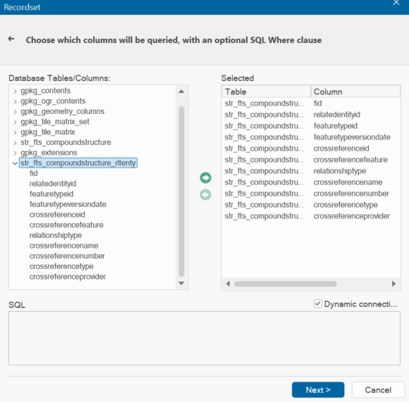 Recordset window shorwing str_fts_compoundstructure_rltenty selected in the Database Tables/Columns menu