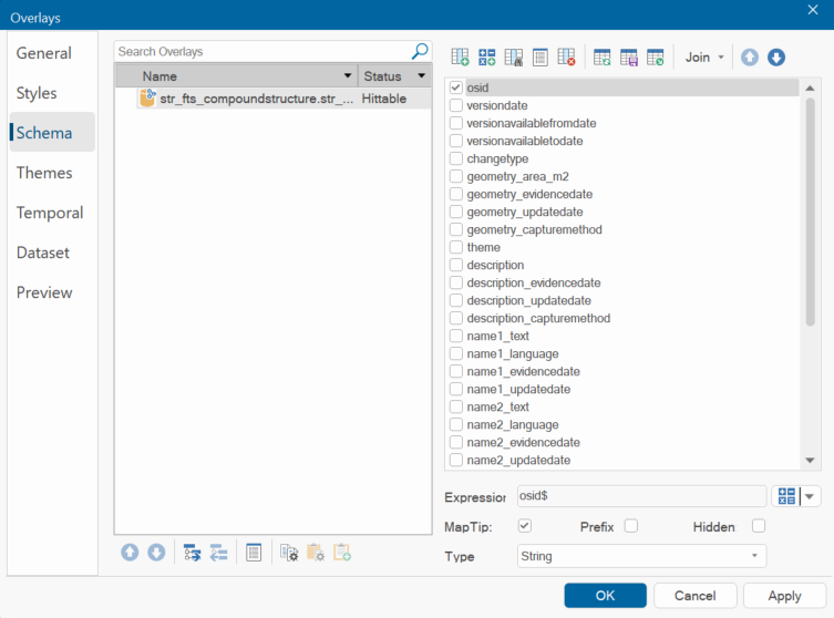 A screenshot of of the overlays window showing OSID selected in the Schema tab.