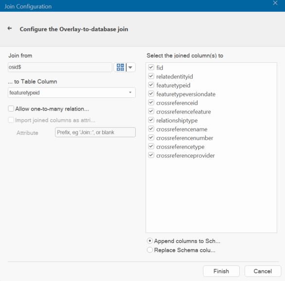 A screenshot of the Configuration window showing Join from osid$ to Table Column featuretypeid