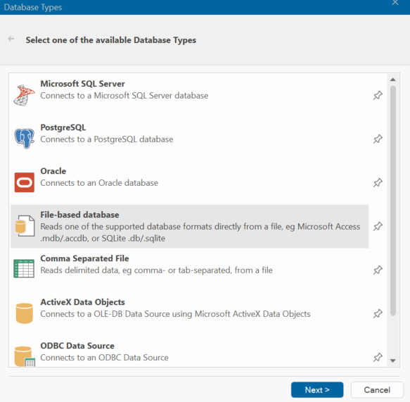 The Database Types window showing File-based database selected.