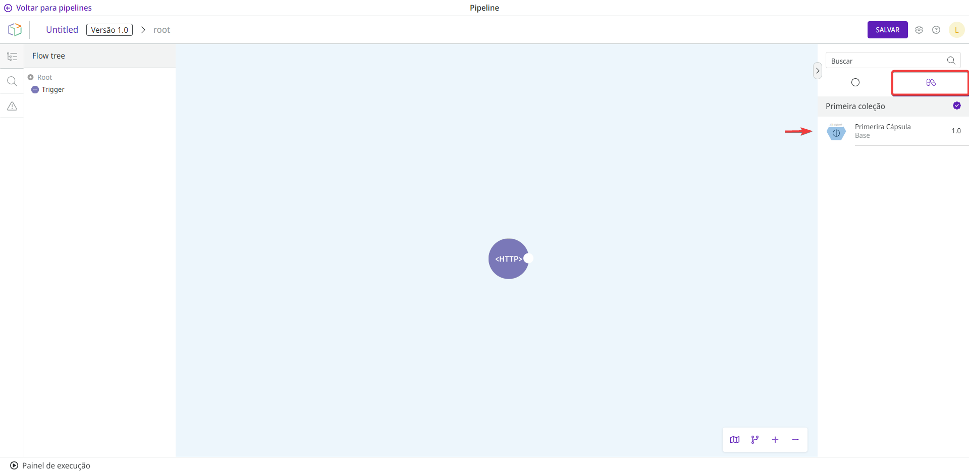 O canvas do pipeline onde você pode acessar a paleta de cápsulas e usar as cápsulas publicadas.
